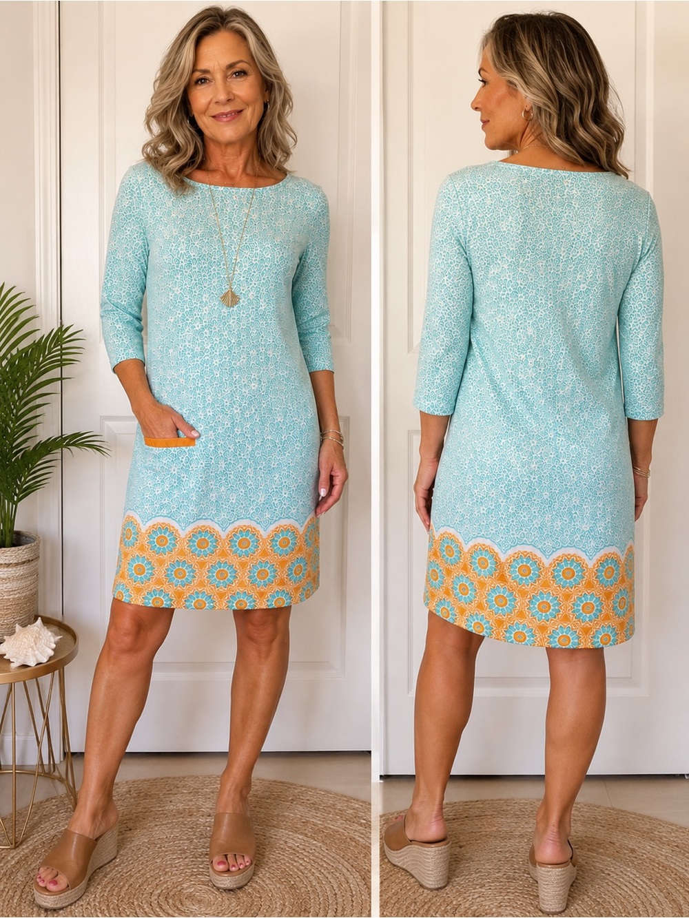 Cabana Life Aqua Turquoise Orange Shift Dress Womenβs S 3/4 Sleeve Pocket